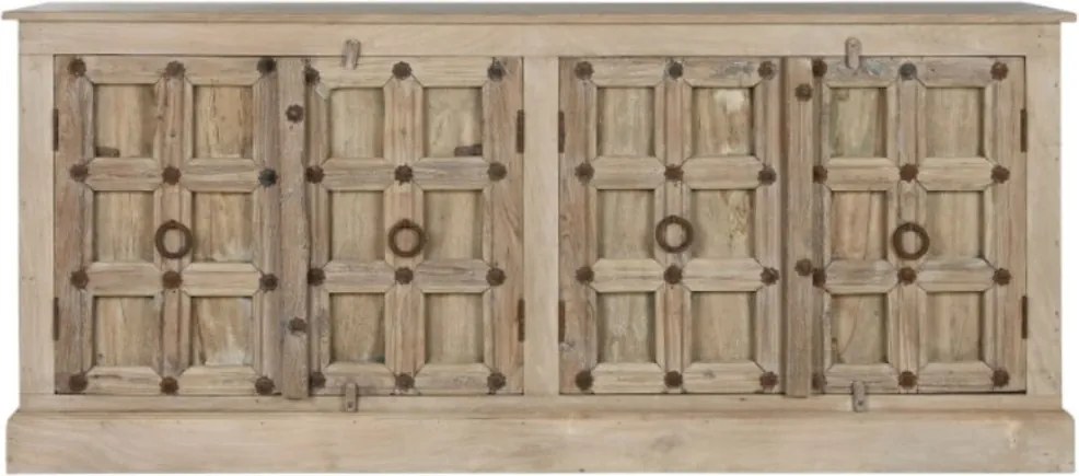 Bufet din lemn de tec, natur, cu 4 uși cu panouri și ținte din metal, aspect vintage, finisaj natural, 106 x 204 x 44 cm, „Flavigny”