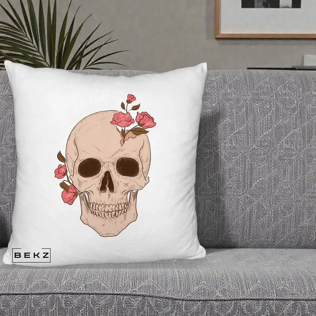 Perna Decorativa Craniu Floral Gothic, 40x40 cm, Alb Pufos, Husa Detasabila, Perna Inclusa, BEKZ®