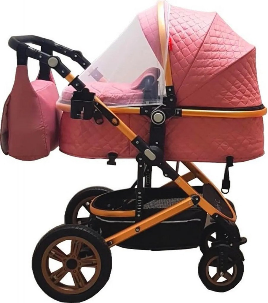 Carucior nou nascuti 3 in 1 Baby Care™ PRO 530, Cu geanta bebe, Cadru Aluminiu Gold, Amortizoare, Roti din cauciuc plin AVE, Landou, Scoica auto,