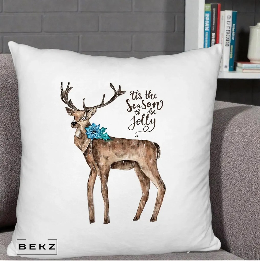 Perna Decorativa Ren Tis the Season to be Jolly, 40x40 cm, Alb Pufos, Husa Detasabila, Perna Inclusa, BEKZ®