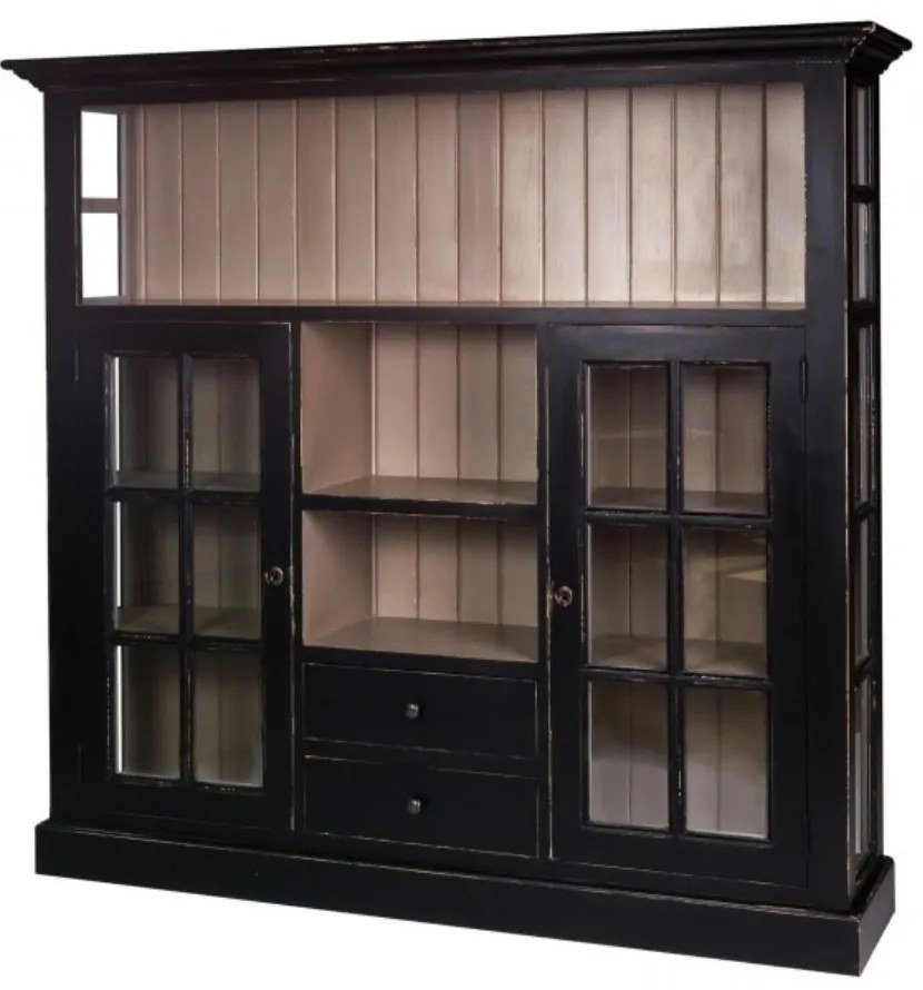 Vitrina, negru, din lemn de pin masiv cu aspect vintage, triple, Paris