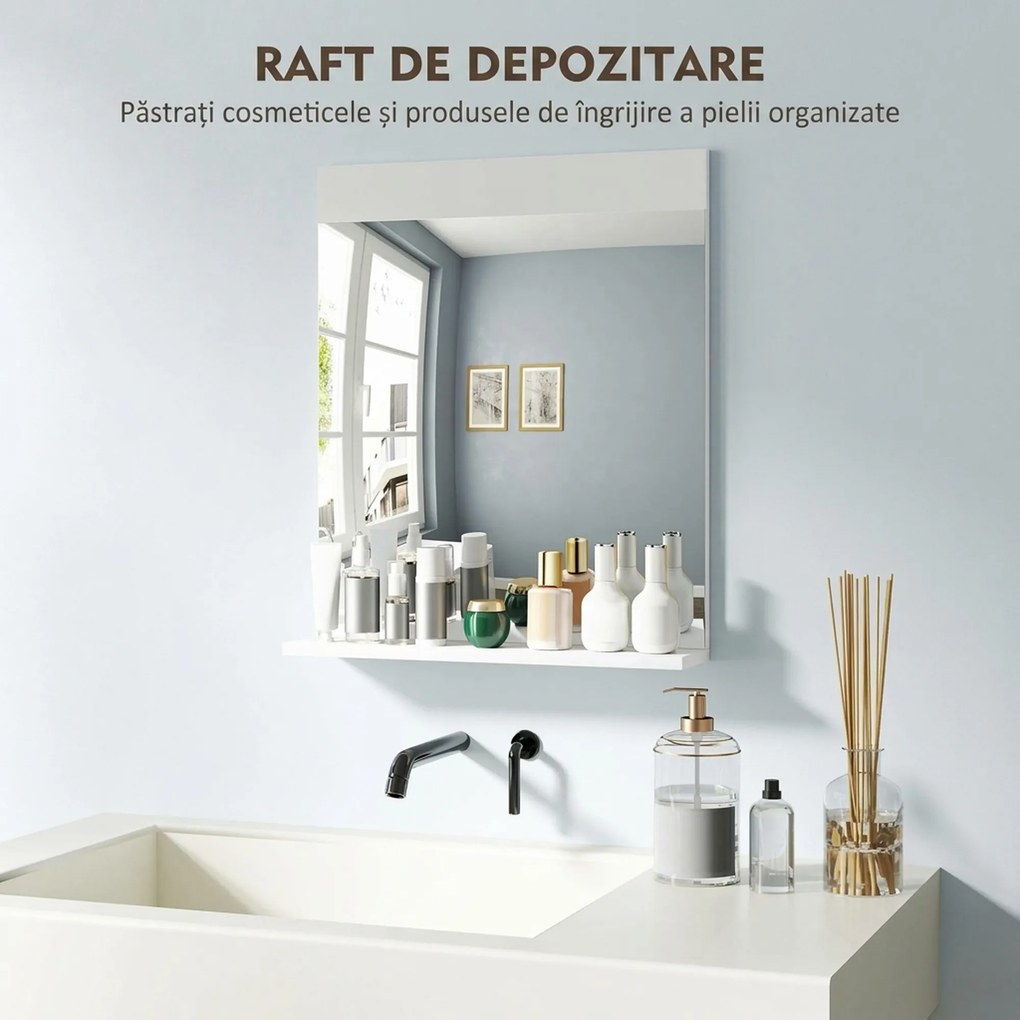 HOMCOM Oglindă de Baie pentru Perete în Stil Modern, Oglindă de Baie cu Raft, 50x12x60 cm, Alb | Aosom Romania