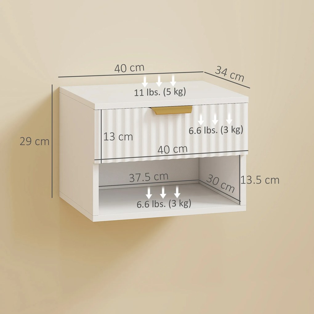 HOMCOM Set de 2 Noptiere Suspendate cu Panouri Canelate, Sertar și Raft, 40x34x29 cm, Alb | Aosom Romania