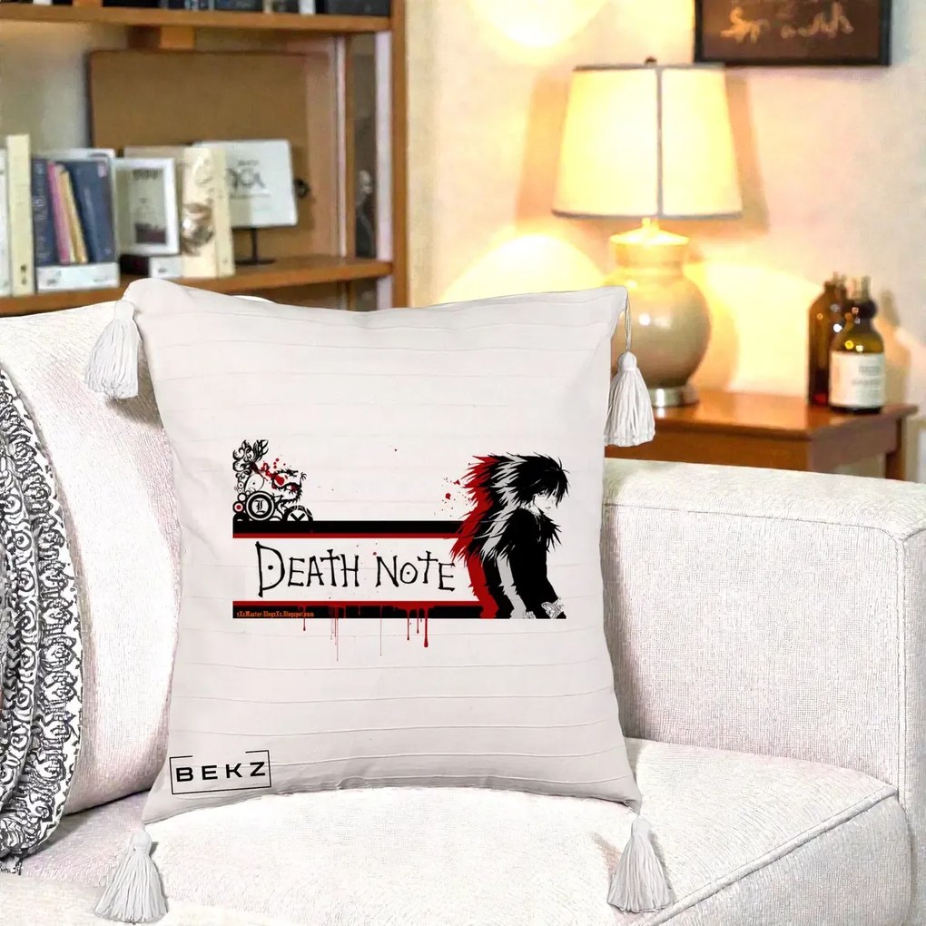 Perna Personalizata Death Note L Lawliet Rosu-Negru, 40x40 cm, Bej cu Franjuri, Husa Detasabila, Perna Inclusa, BEKZ®