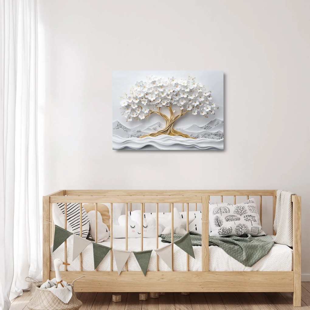 Tablou pe sticlă – Arborele vieții 3D plin de flori (70x50 cm)