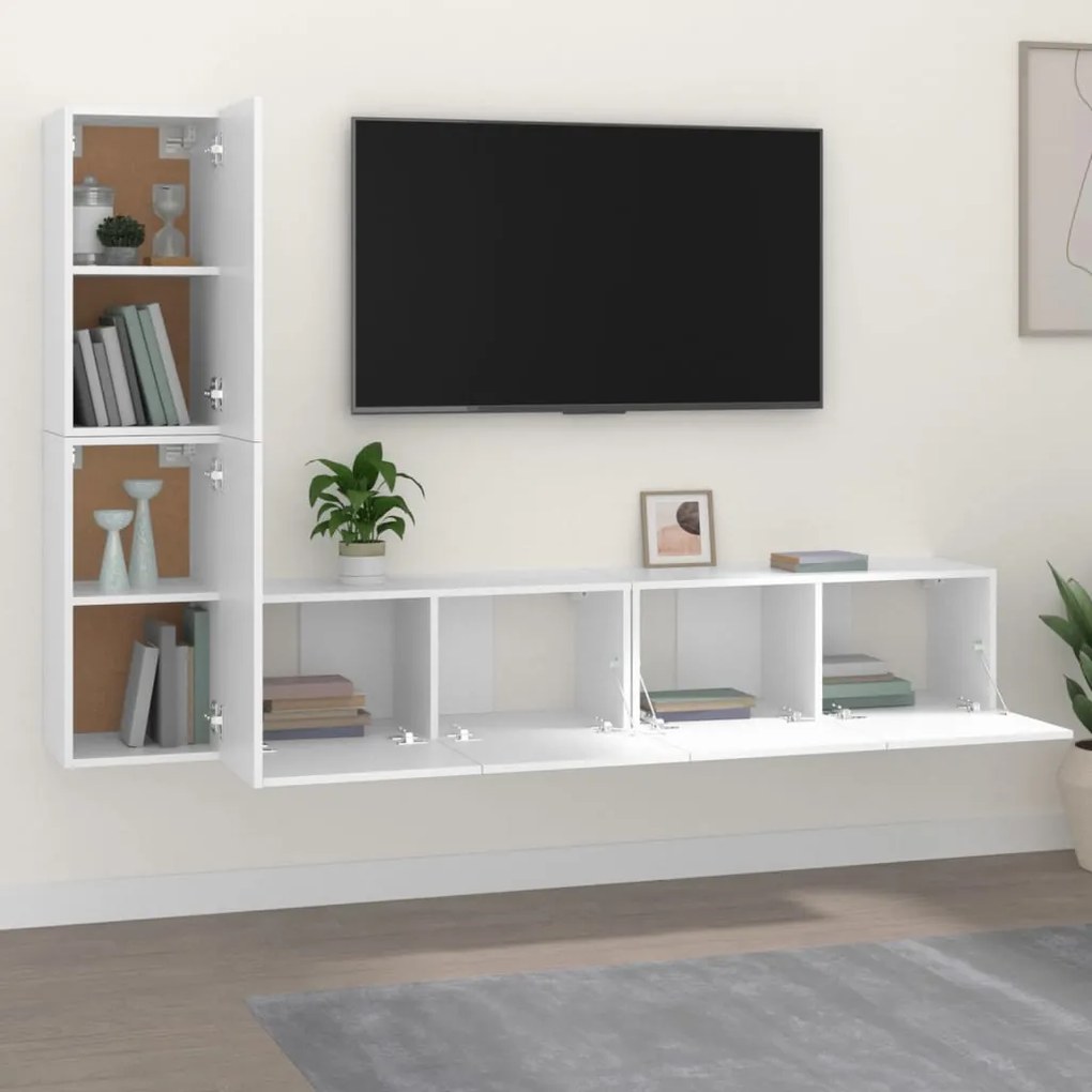 Set dulap TV, 4 piese, alb, lemn prelucrat 4, Alb, 80 x 30 x 30 cm