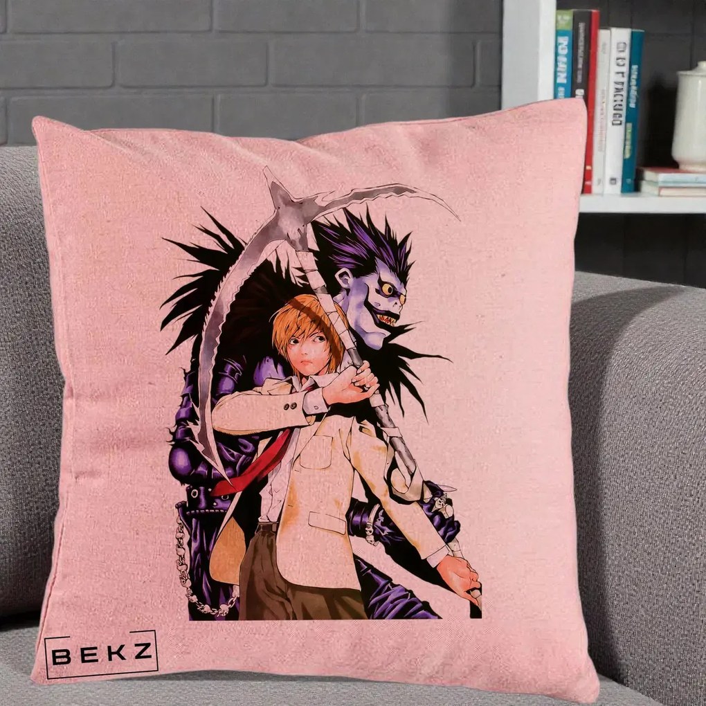 Perna Personalizata Death Note Light si Ryuk Duo, 40x40 cm, Roz, Husa Detasabila, Perna Inclusa, BEKZ®