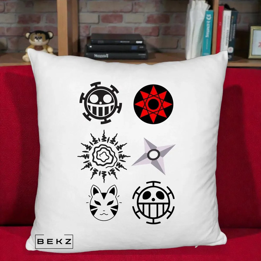 Perna Personalizata Simboluri Anime Mix - Naruto One Piece, 40x40 cm, Alb Pufos, Husa Detasabila, Perna Inclusa, BEKZ®