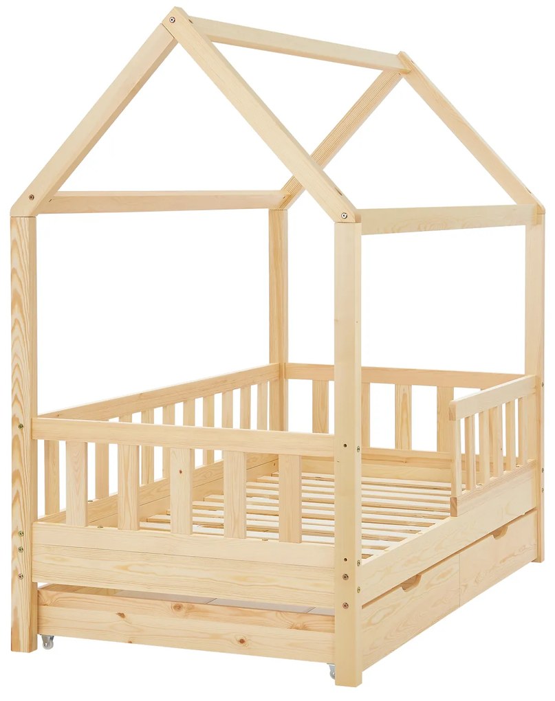 Patut Marli 90 x 200 cm cu 2 sertare si grilaj sipci - natural