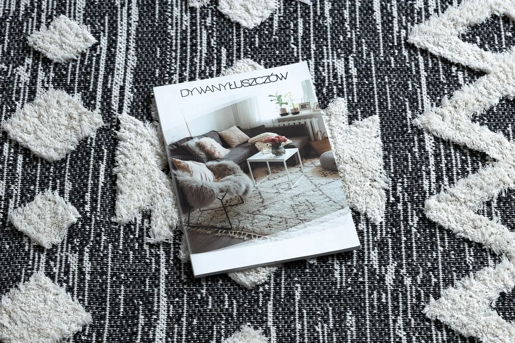 Covor ECO SISAL BOHO MOROC Etno Zig zag 22319 franjuri - două niveluri de lână gri / cremă, covor reciclat