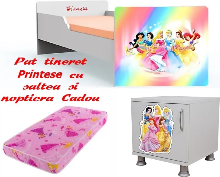 Pat tineret Printese cu saltea si noptiera Cadou