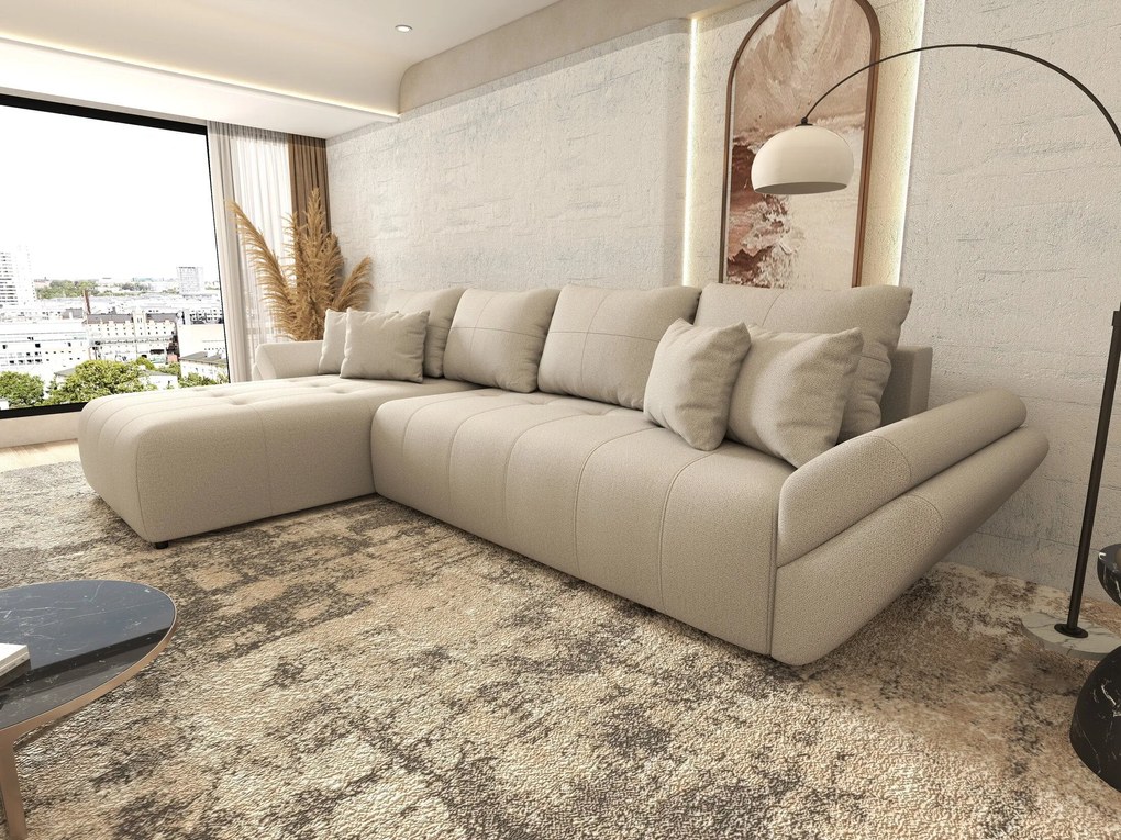 Colțar extensibil dumonde cu ladă de depozitare si sezut confortabil din spuma high-density, Berlin XL Enjoy Beige 350x185 cm