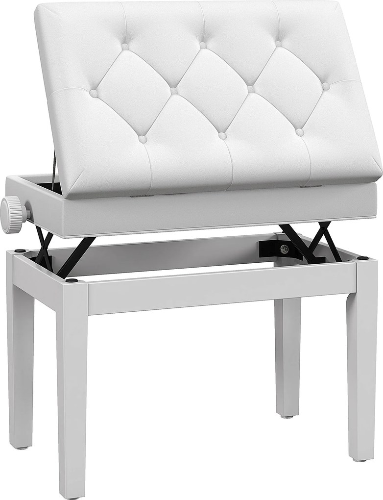 Scaun de Pian HOMCOM Reglabil cu Compartiment de Depozitare și Scaun Imbunătățit, 54.5x33x48-58 cm, Alb | Aosom Romania