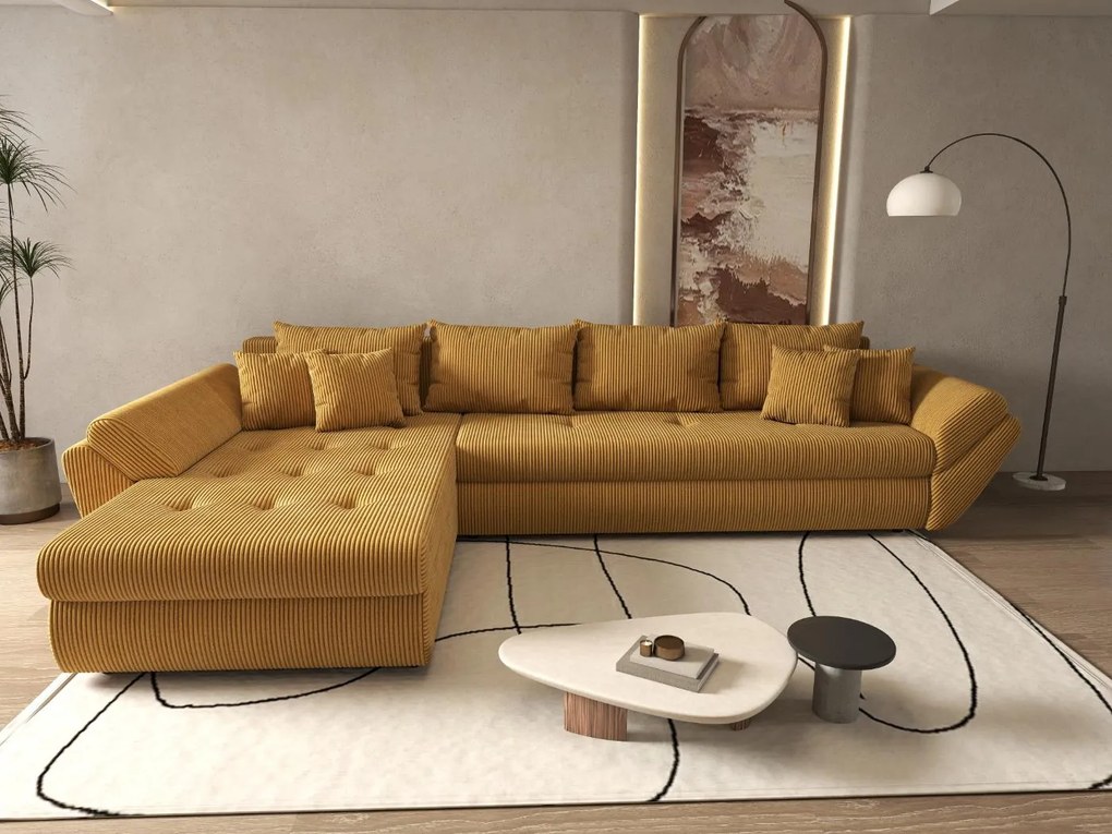 Colțar extensibil dumonde cu ladă de depozitare si sezut confortabil din spuma high-density, Loana XL Zoom Mustar 335x185 cm