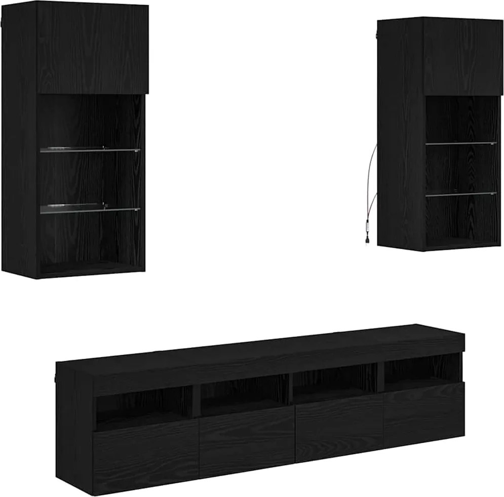 vidaXL Unități TV de perete cu LED 5 pcs Stejar Negru