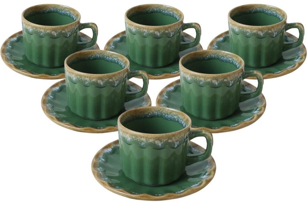 Set of 6 ceramic cups with saucers Elementa 185ml, green