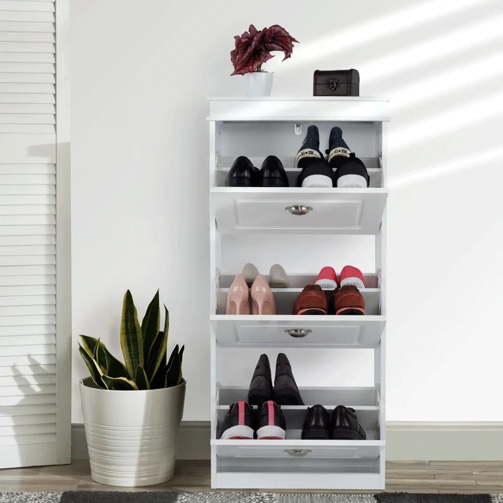 Pantofar, 3 compartimente, alb, mdf alb