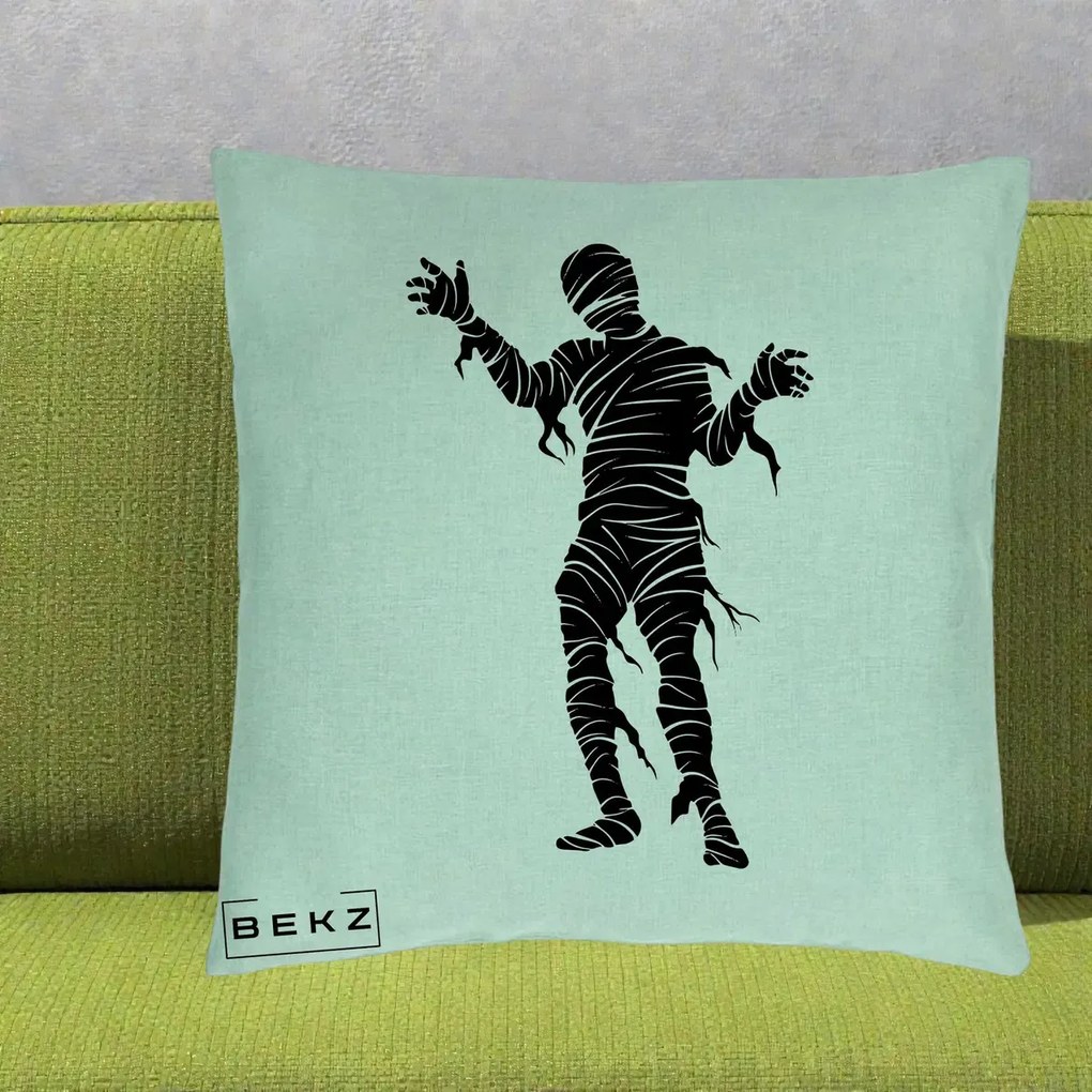 Perna Decorativa Mormii Infricosat Silueta Neagra Halloween, 40x40 cm, Verde Menta, Husa Detasabila, Perna Inclusa, BEKZ®