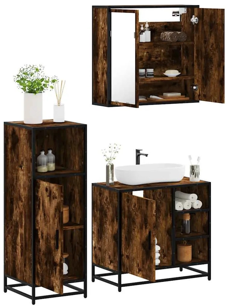 vidaXL Set mobilier de baie, 3 piese, stejar fumuriu, lemn prelucrat