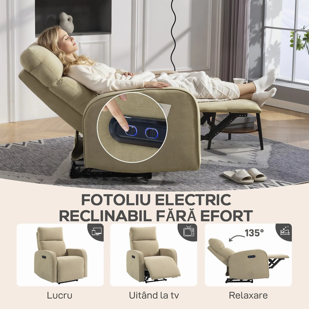 HOMCOM Fotoliu Relax Electric Reclinabil 135° cu Suport pentru Picioare, Tetieră Reglabilă, Șezut Spațios, Fotoliu Tapițat, Motoare Duble, Porturi USB și USB-C, Catifea Bej, Living | Aosom Romania