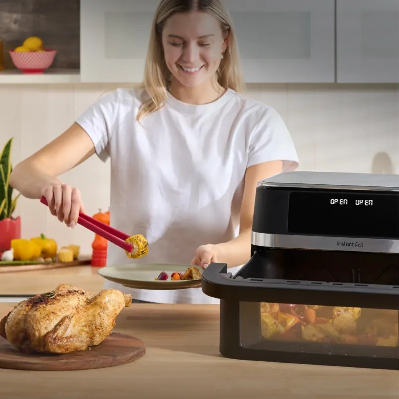 Friteuză dublă cu aer cald 8-în-1 Instant Pot Vortex VersaZone XL ClearCook 140-3025-01-EU, 2800 W, 12 l, 205 °C, EvenCrisp, Finalizare sincronizată a programelor, Comandă tactilă, Negru/Inox