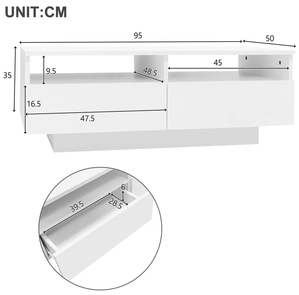 Măsuță de cafea LED lucioasă cu 2 sertare, cu lumini LED în 16 culori și USB, 95×50×35 cm, Alb