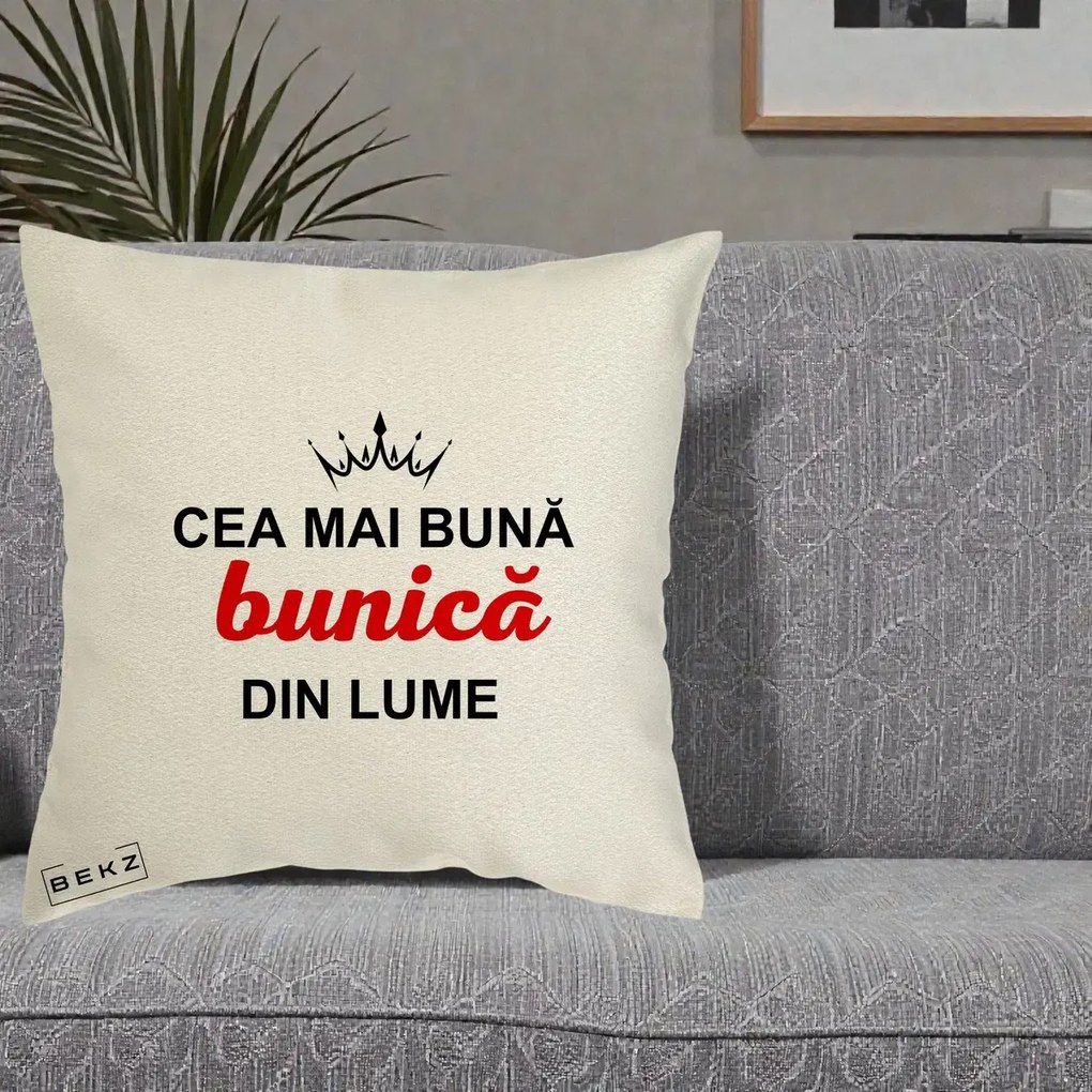 Cadou pentru Bunica - Perna Personalizata Cea Mai Buna Bunica Din Lume Coroana Neagra, 40x40 cm, Ecru, Husa Detasabila, Perna Inclusa, BEKZ®