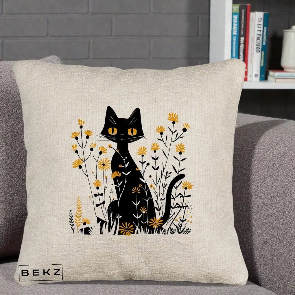 Perna Decorativa Pisica Neagra Ochi Galbeni Flori Galbene, 40x40 cm, Bej Canapea, Husa Detasabila, Perna Inclusa, BEKZ®