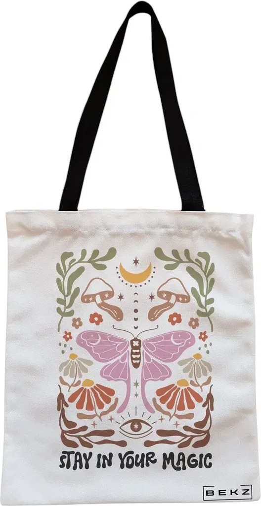 Sacosa de Panza pentru Cumparaturi, Geanta Tote, Boho Style 4, Cu fermoar, 38x34.5 cm, Alba, BEKZ®