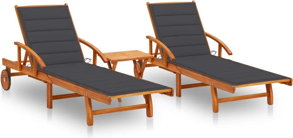 vidaXL Șezlonguri, 2 buc., cu masă și perne, lemn masiv de acacia