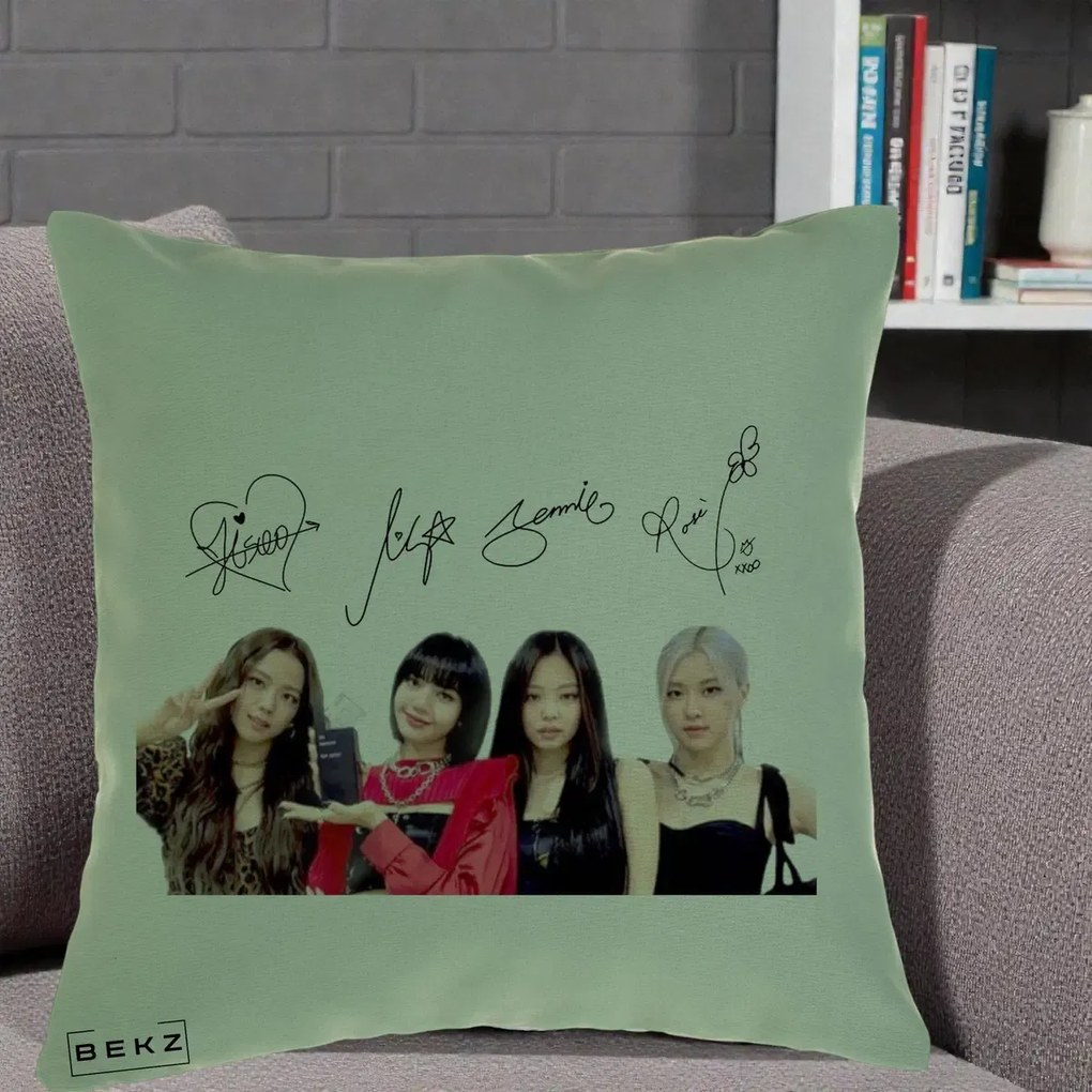 Perna Personalizata K-pop BLACKPINK Semnaturi, 40x40 cm, Verde, Husa Detasabila, Perna Inclusa, BEKZ®