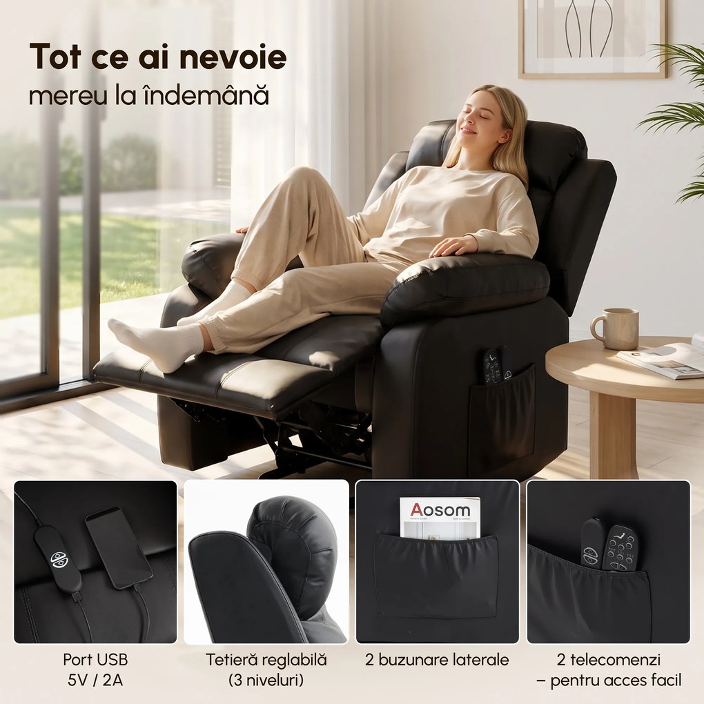 Fotoliu rabatabil HOMCOM cu funcții de masaj și încălzire, cu sistem electric de ridicare, tetieră reglabilă și port USB, din piele ecologică (PU), negru | Aosom Romania