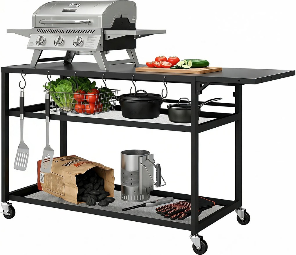 Outsunny Măsuță de grădină cărucior de grătar pe roți cu Blat Lateral Pliabil, Trei Rafturi, 133 x 48,5 x 82 cm, Negru | Aosom Romania
