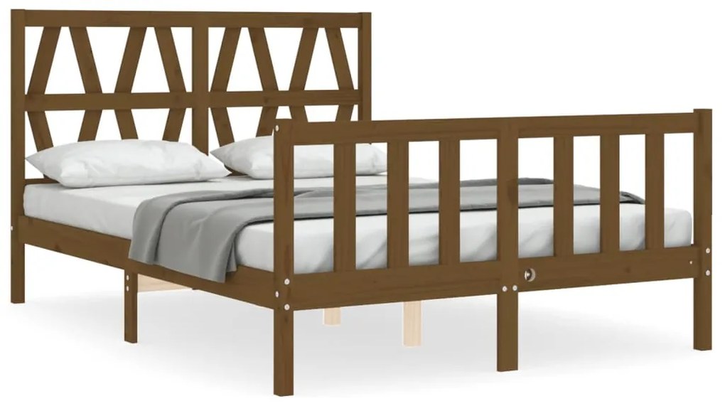 3192464 vidaXL Cadru de pat cu tăblie, dublu mic, maro miere, lemn masiv