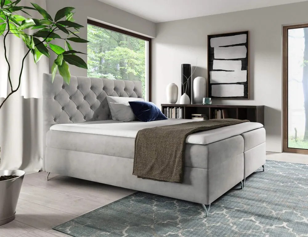 Pat cu boxspring, 160x200, ţesătură gri deschis Velvet, GULIETTE + cadou