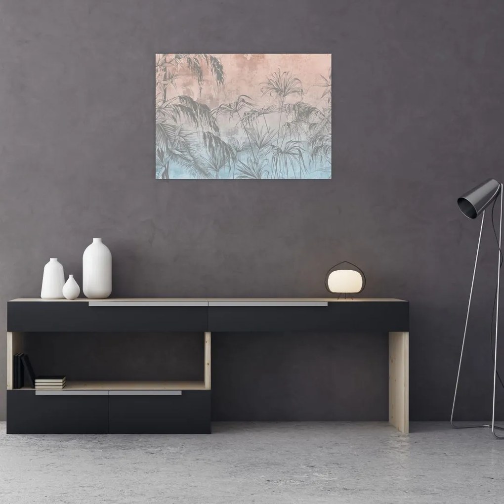 Tablou pe sticlă - Plante tropicale pe perete (70x50 cm)
