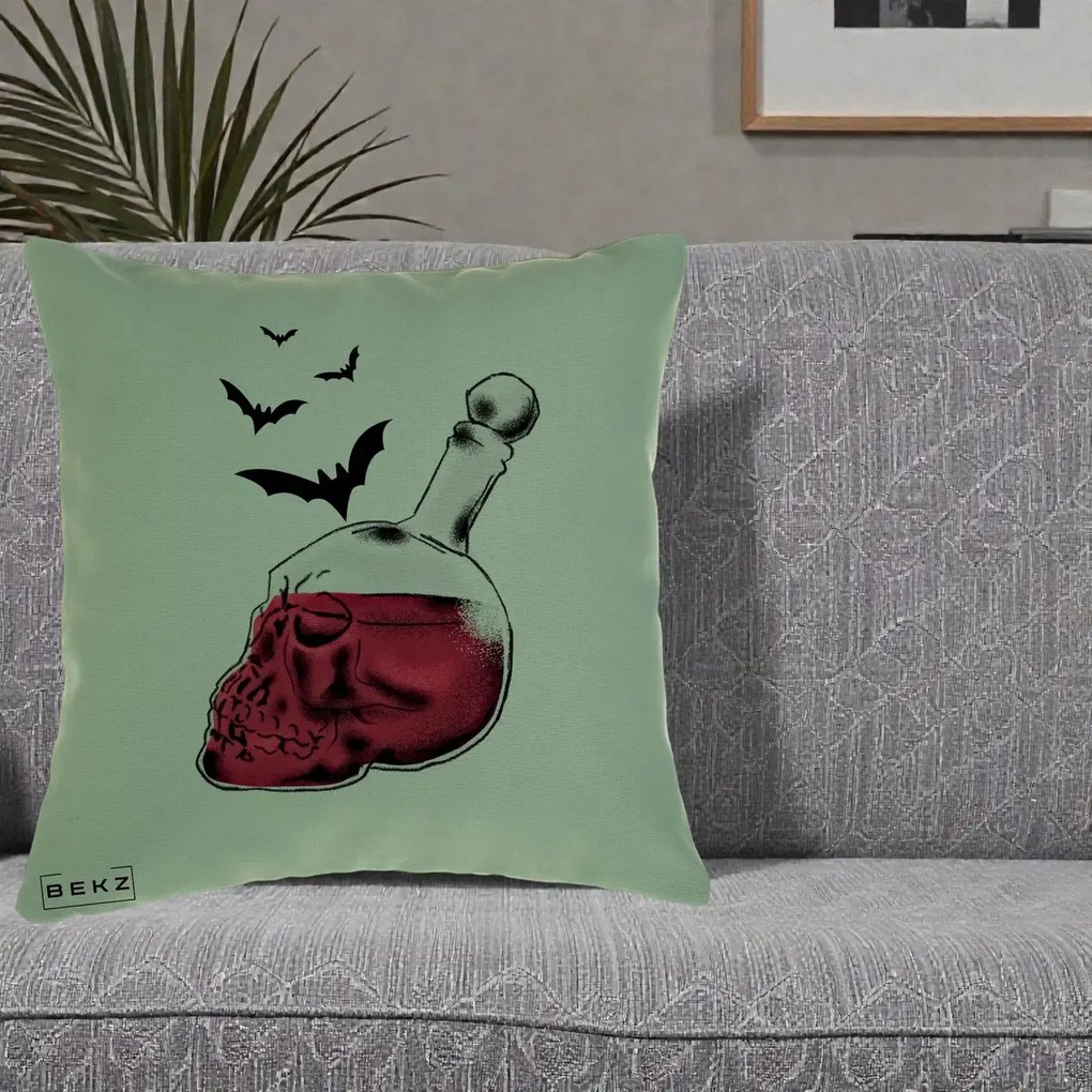 Perna Decorativa Halloween Craniu-Sticla cu Lilieci, 40x40 cm, Verde, Husa Detasabila, Perna Inclusa, BEKZ®