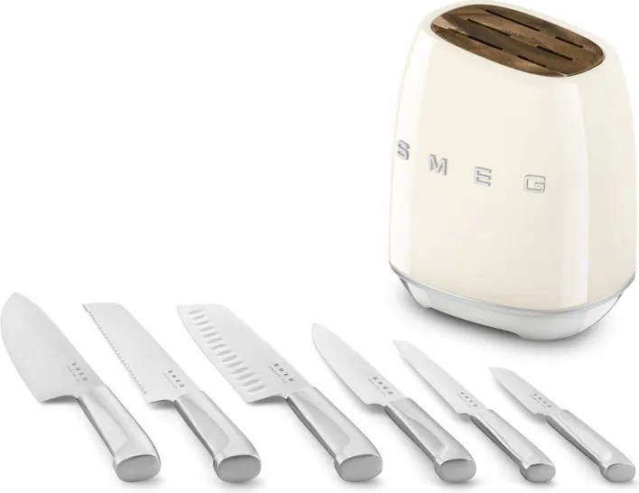 Set de cutite cu suport SMEG KBSF02CR, 7 piese, Manere din lemn de salcam, Otel inoxidabil german, Crem