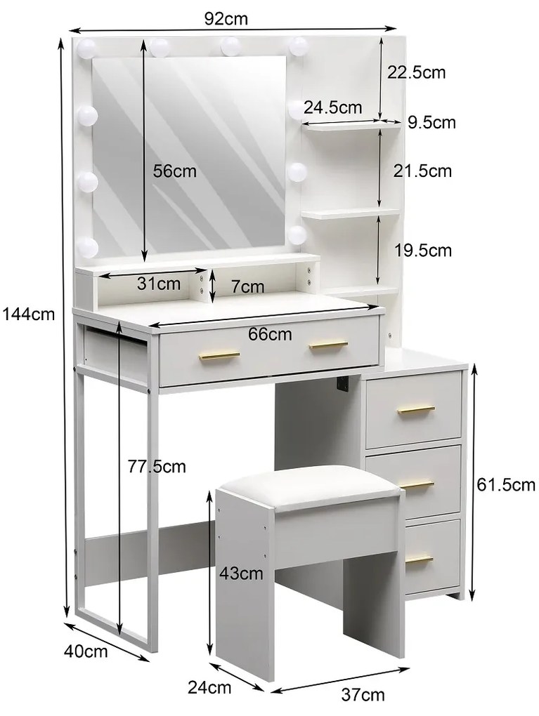 Set FREYA – Masă de Toaletă pentru Machiaj, Oglindă 10 becuri LED, Iluminare reglabila, Sertare, Rafturi, modul incarcare dubla priza+USB, Scaun, Alb