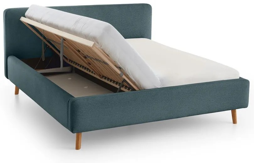 Pat matrimonial albastru/gri tapițat cu spațiu de depozitare cu somieră 160x200 cm Mattis – Meise Möbel