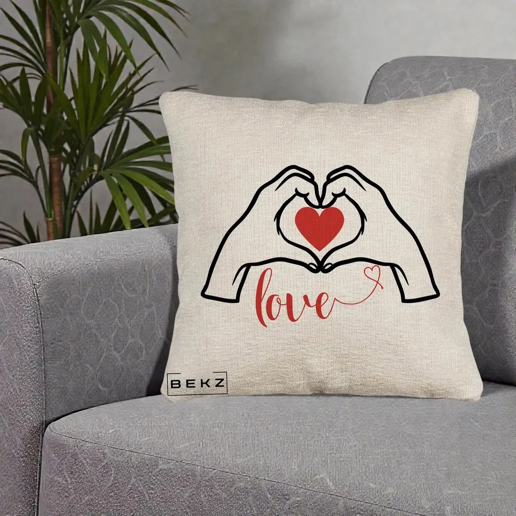 Perna Decorativa Love Maini Inima cu Inscriptie Love Rosu, 40x40 cm, Bej Canapea, Husa Detasabila, Perna Inclusa, BEKZ®