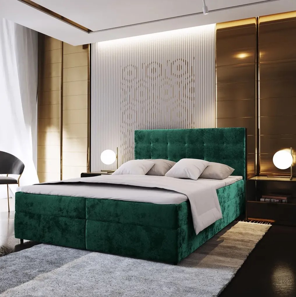 Pat tapițat boxspring GLORIEN VELVET 140x200 cm verde inchis Saltele: Saltea cu arcuri Bonell