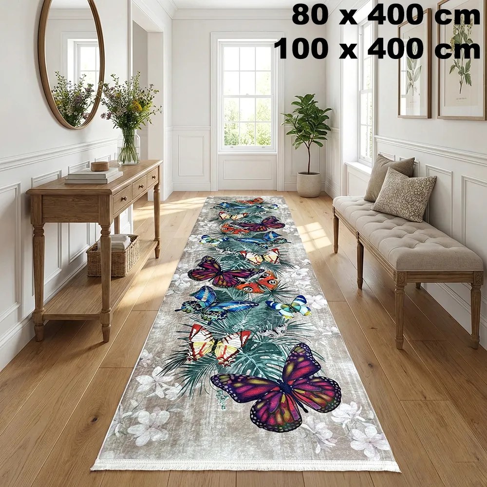 Traversa hol antiderapanta, 400 cm, model floral cu fluturi, multicolor