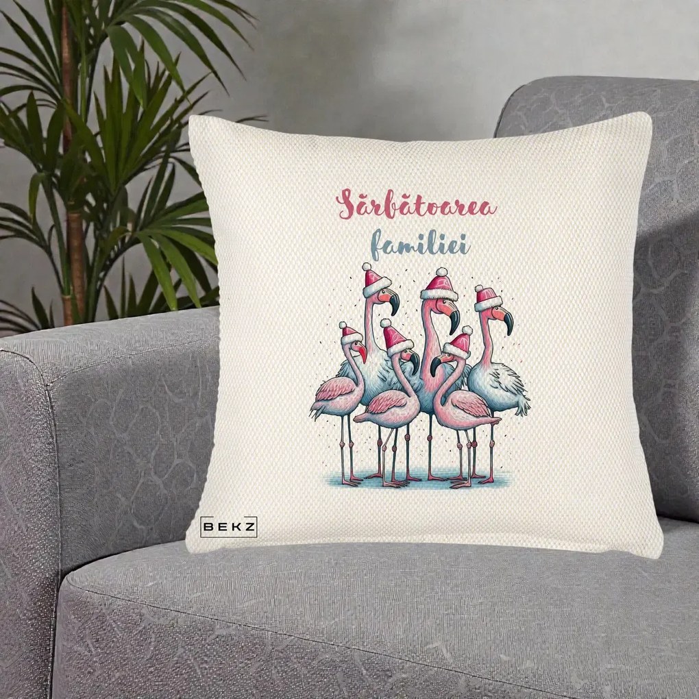 Perna Decorativa Flamingo Craciun Sarbatoarea Familiei, 40x40 cm, Crem Reliefat, Husa Detasabila, Perna Inclusa, BEKZ®