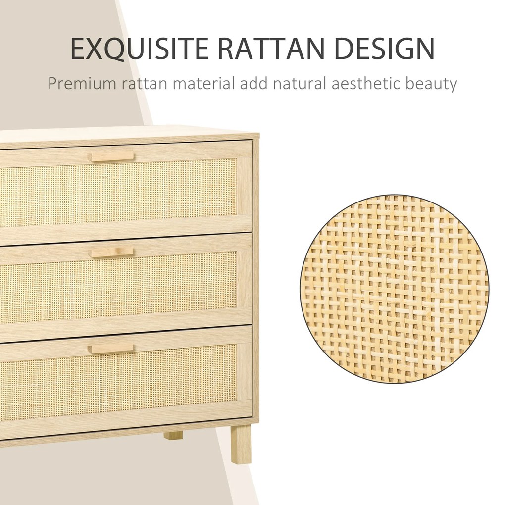 HOMCOM Casetiera cu 3 din lemn si ratan pentru camera de zi si dormitor, 80x40x80cm Culoare Lemn Natural | AOSOM.ro