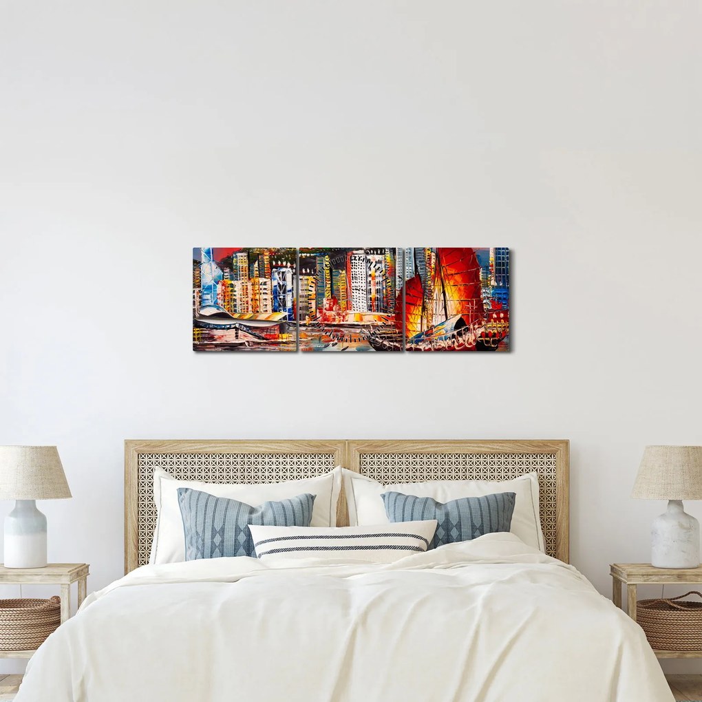Tablou - Victoria Harbour, Hong Kong, pictură în ulei (cu ceas) (90x30 cm)
