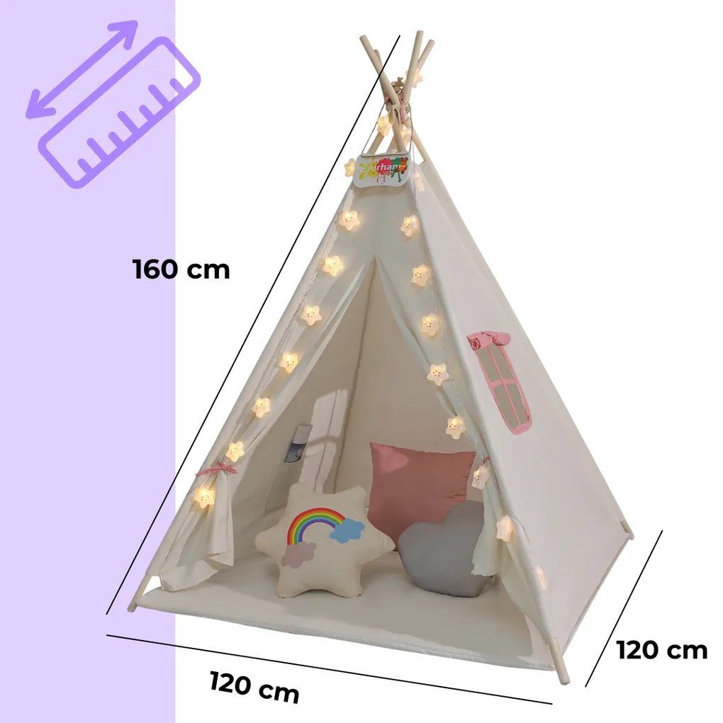 Cort tip teepee pentru copii JULIA, 160x120x120cm, bej/roz Jurhan