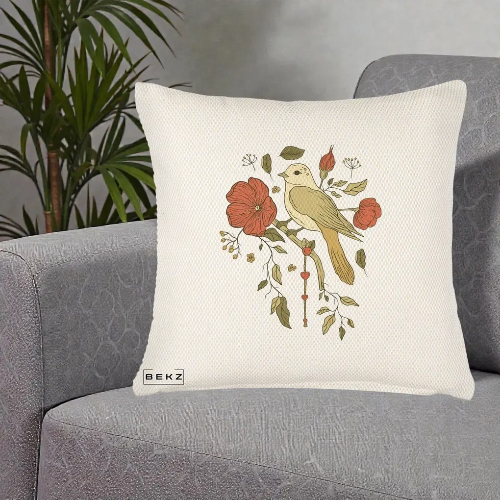 Perna Decorativa Pasare pe Ramura cu Maci, 40x40 cm, Crem Reliefat, Husa Detasabila, Perna Inclusa, BEKZ®