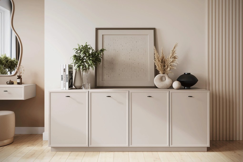 Comodă cu patru uși Lorini 200 cm - cașmir / mânere negre T-bar