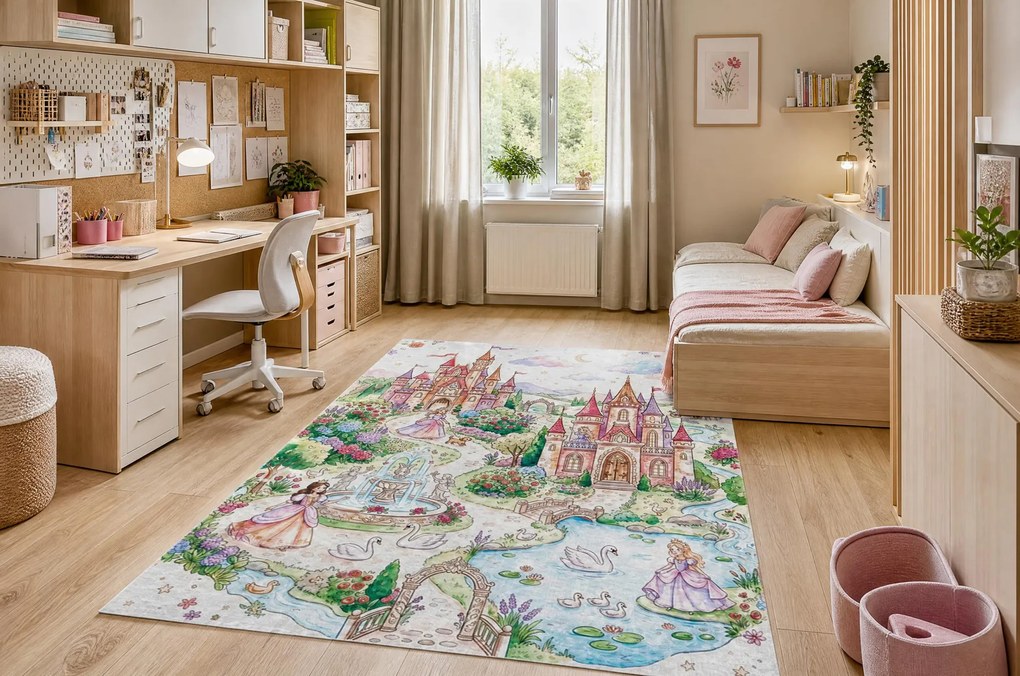 BAMBINO 61520 covor lavabil Prințesă, castel pentru copii anti-alunecare - crem / roz